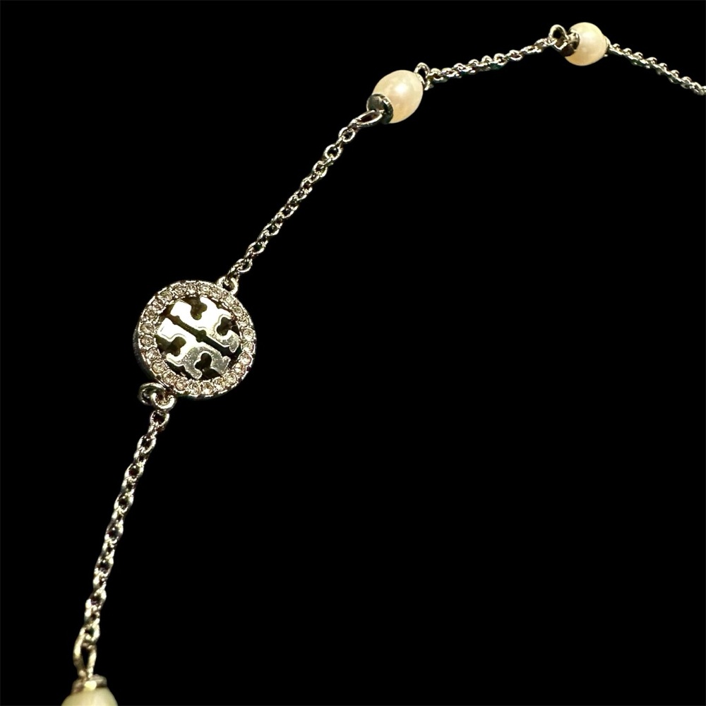 NEW Authentic Tory Burch Pearl & Silver Double T Logo Pave Necklace with Tag - Picture 3 of 7